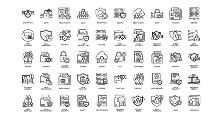 
Data protection icon set collection. Containing arrows, database, multimedia, networking, server, personal, management .Line vector icons collection