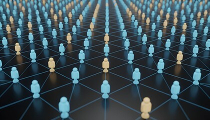 A vast network of interconnected human figures with certain individuals highlighted, symbolizing selection and connection.