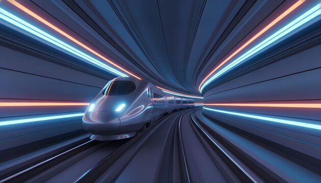 A futuristic high-speed bullet train travels through a curved tunnel illuminated by glowing blue and orange neon light trails.
