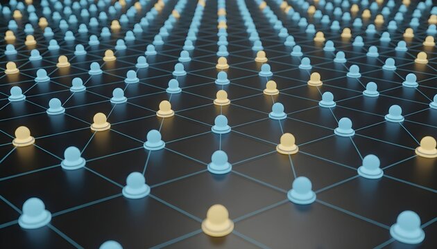 Abstract digital network grid with interconnected glowing blue and yellow nodes representing data or connections.