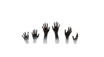 Collection of human hands reaching upwards with glowing white edges isolated on a transparent background