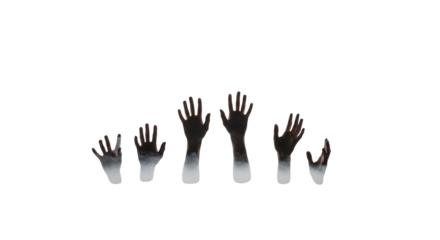 Collection of human hands reaching upwards with glowing white edges isolated on a transparent background