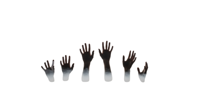 Collection of human hands reaching upwards with glowing white edges isolated on a transparent background