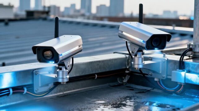 Closeup medium shot of advanced sensors mounted on a rooftop monitoring structural integrity through automated fault scanning.