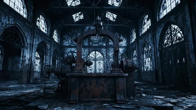 Dilapidated interior of a gothic style architectural structure moody lighting
