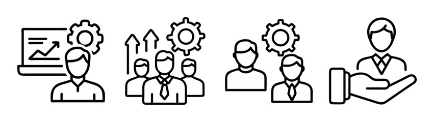 Modern line icons representing business strategy, team management, growth, analytics, and professional support services