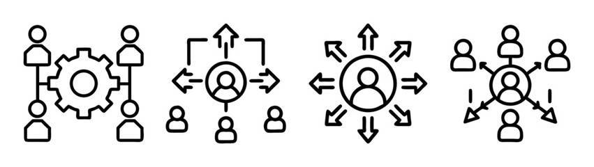 Outline icons for people connection, teamwork, communication, and network structures, symbolizing collaboration and interaction