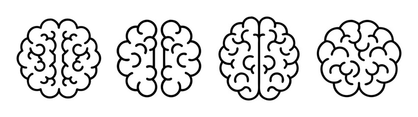 Four minimalist line art human brain icons, illustrating varying levels of cortical detail