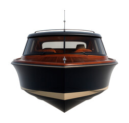 Luxury motor yacht featuring a wraparound windshield and elegant wood interiors.