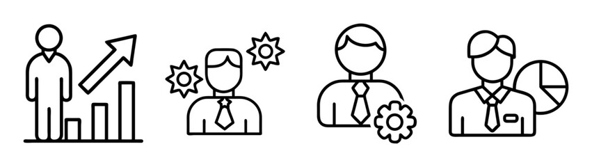 Business management and analytics line icons set featuring concepts of growth, settings, and data analysis for professional use
