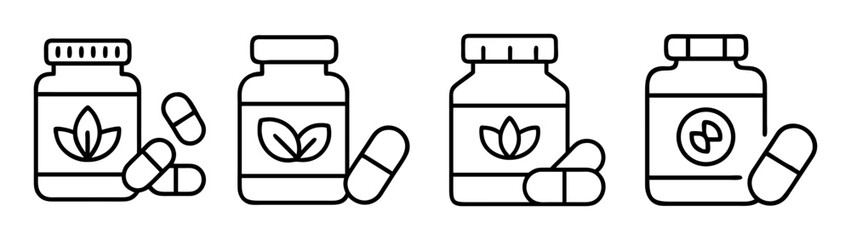 Line art icons of natural health supplements, vitamin bottles, and capsules, representing herbal medicine, wellness, and pharmacy