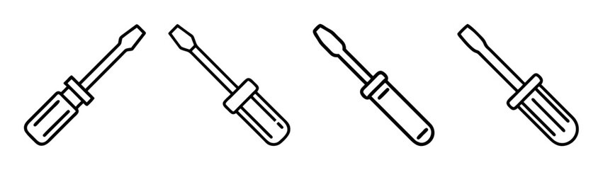 Four line art screwdriver icons, essential hand tools for repair, construction, and diy projects