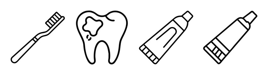Line art icons of dental hygiene essentials a toothbrush, a tooth with a cavity, and toothpaste tubes, symbolizing oral health