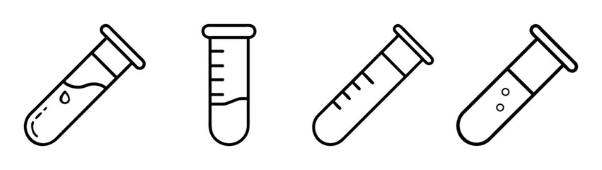 Test tube icons set collection of laboratory glassware symbols with liquid, measurements, and bubbles for science, medical, and research concepts