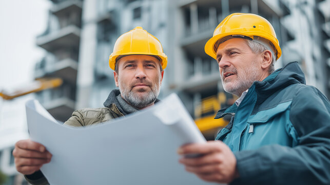Construction workers examining building blueprints on site
