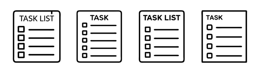 Set of task list and task icons, featuring simple outline designs for productivity, planning, and organization
