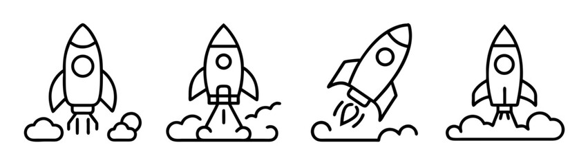 Set of line art rocket icons depicting launch, startup, innovation, and space exploration concepts