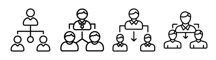 Set of line icons depicting various organizational structures, team hierarchies, and management relationships in a business context