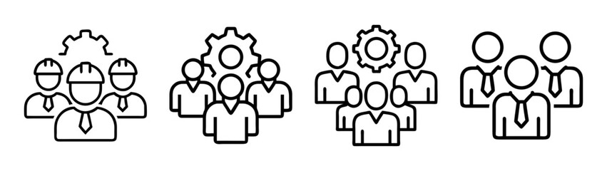 Line icons of professional teams, including construction, business, and general groups with gear symbols