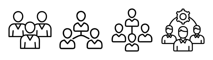 Set of line icons depicting various organizational structures, team collaboration, user groups, and management concepts