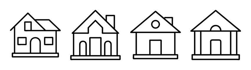 Line art collection of four distinct house icons, symbolizing residential property, home, and real estate