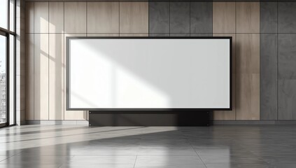 Fototapeta premium Large blank billboard screen mockup in modern architecture interior with clean light background, perfect for branding or design presentation. 3D Rendering