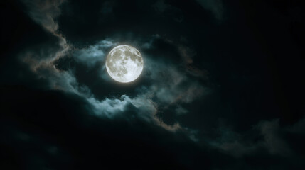 Full moon glowing through swirling cloud at night, moody atmospheric lunar scene with dramatic light and textured sky