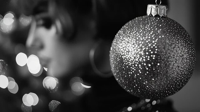 Black and white close-up of a glittering Christmas ornament with a woman in the background for a nostalgic festive scene