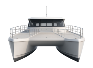 Passenger catamaran featuring a shallow draft and spacious, flat deck for easy access.