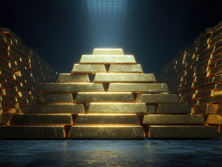 Stacked gold bar pyramid glowing under spotlight, bullion vault with reflective metal floor and rows of stacked bars creating dramatic cinematic wealth atmosphere