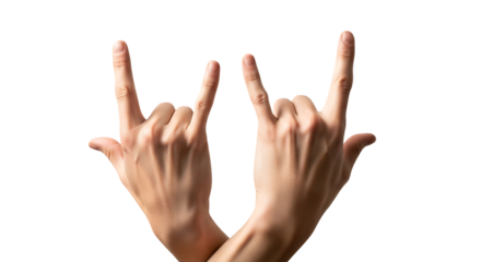 Two human hands making the rock on gesture with index and pinky fingers extended isolated on a transparent background