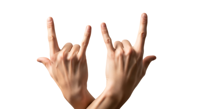 Two human hands making the rock on gesture with index and pinky fingers extended isolated on a transparent background