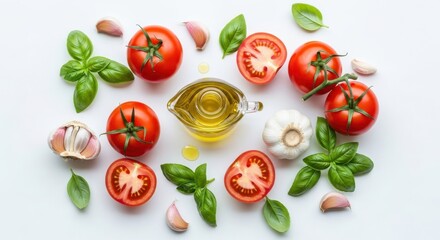 Fresh ingredients for italian cooking arranged in a circle