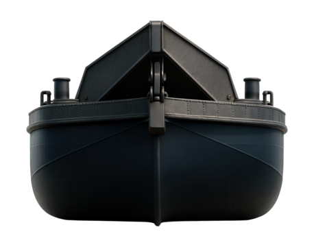 Sturdy barge featuring a pivoting bow and reinforced deck for enhanced durability.