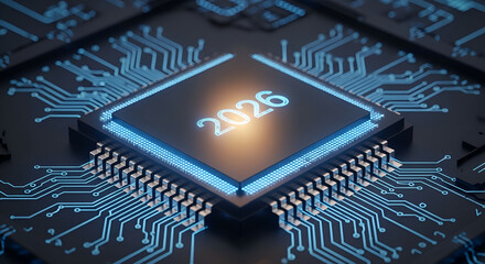 Glowing 2026 Microchip on a Futuristic Circuit Board - Digital Technology and Innovation Concept