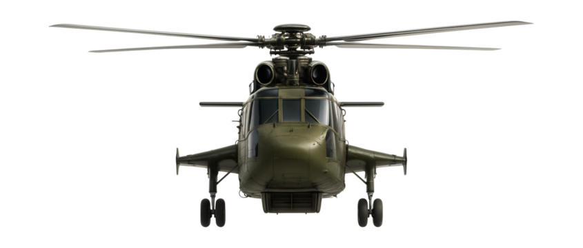 Aerial crane helicopter with side stabilizers and rear cargo access.