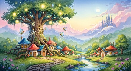 a fairy village with a river and a castle in the background