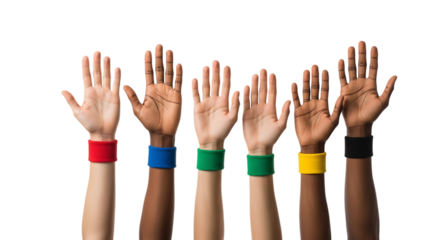Six diverse hands raised with colorful wristbands against a black backdrop isolated on a transparent background