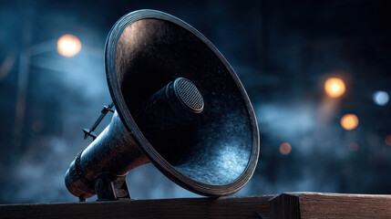 Dramatic close up black megaphone on wooden podium with moody blue bokeh light and smoke atmosphere conveying urgency and intensity
