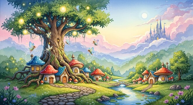 a fairy village with a river and a castle in the background