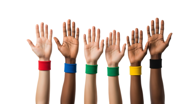 Six diverse hands raised with colorful wristbands against a black backdrop isolated on a transparent background