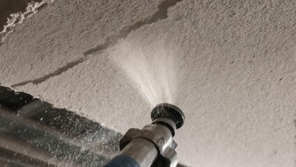 Close-up of a spray gun applying plaster to a cracked ceiling.
