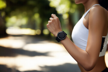 Fit woman jogging with smart watch in sunny park environment under soft focus and warm daylight for healthy lifestyle promotion and sports technology branding