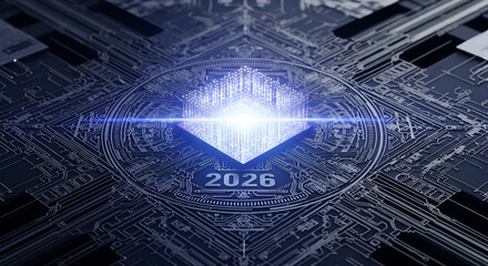 2026 Digital Future Technology Concept with Glowing Data Cube on a Circuit Board