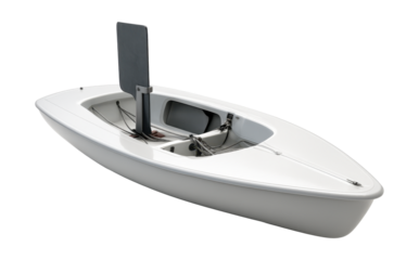 Compact dinghy featuring an adjustable daggerboard and slim cockpit design.