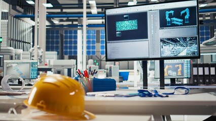 Tracking program on screen in photovoltaics factory used for designing production lines for solar...