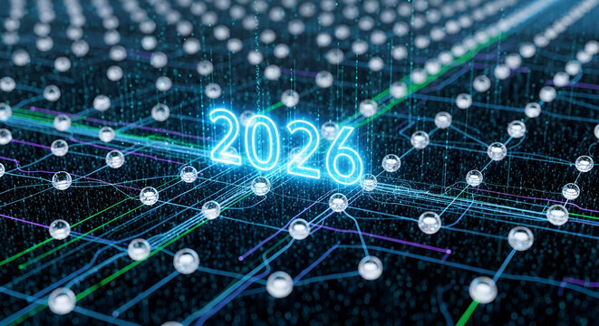 2026 glowing neon numbers on a futuristic digital network background with data connections and spheres- a concept for new year technology and innovation
