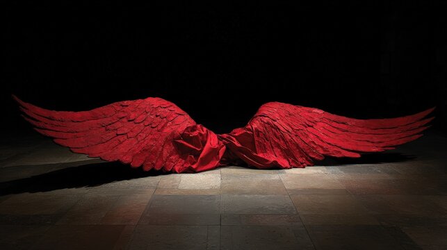 Large scarlet wings rest dramatically illuminated upon a dark stage floor