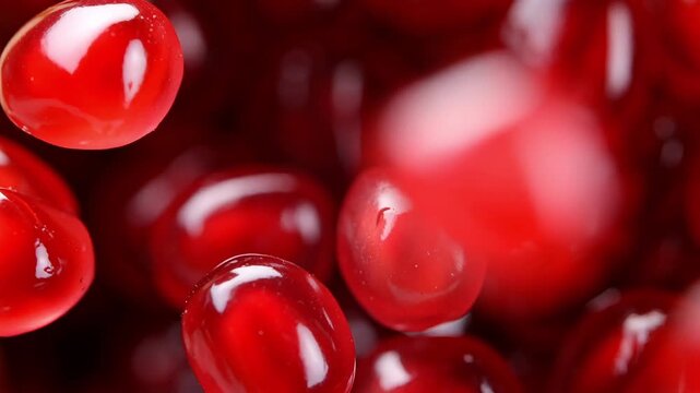 Macro close-up of glossy, vibrant red pomegranate arils with subtle light reflections, emphasizing the juicy, fresh texture