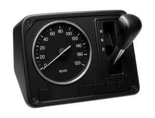 Bus driver panel featuring a prominent speedometer and gear shift lever.